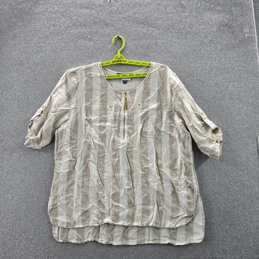 Ellen Tracy Women Blouse XL Beige Linen Striped Button Zipper Round Neck Zip